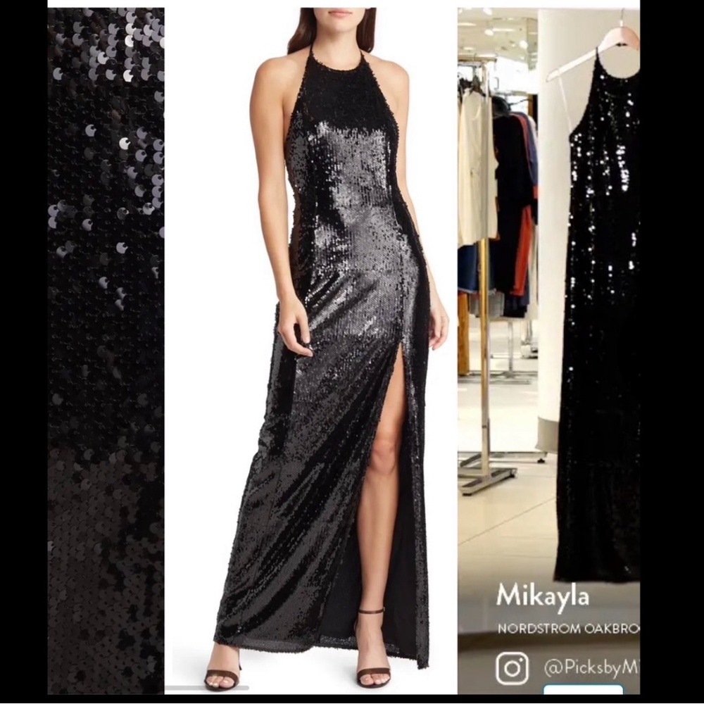 Beautiful Prom/ Wedding long gown dress Black Sequin Halter Neck brand Lulu’s XS
